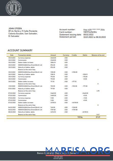 Downloadable Salvador Banco Central de Reserva of El Salvador bank statement excel example